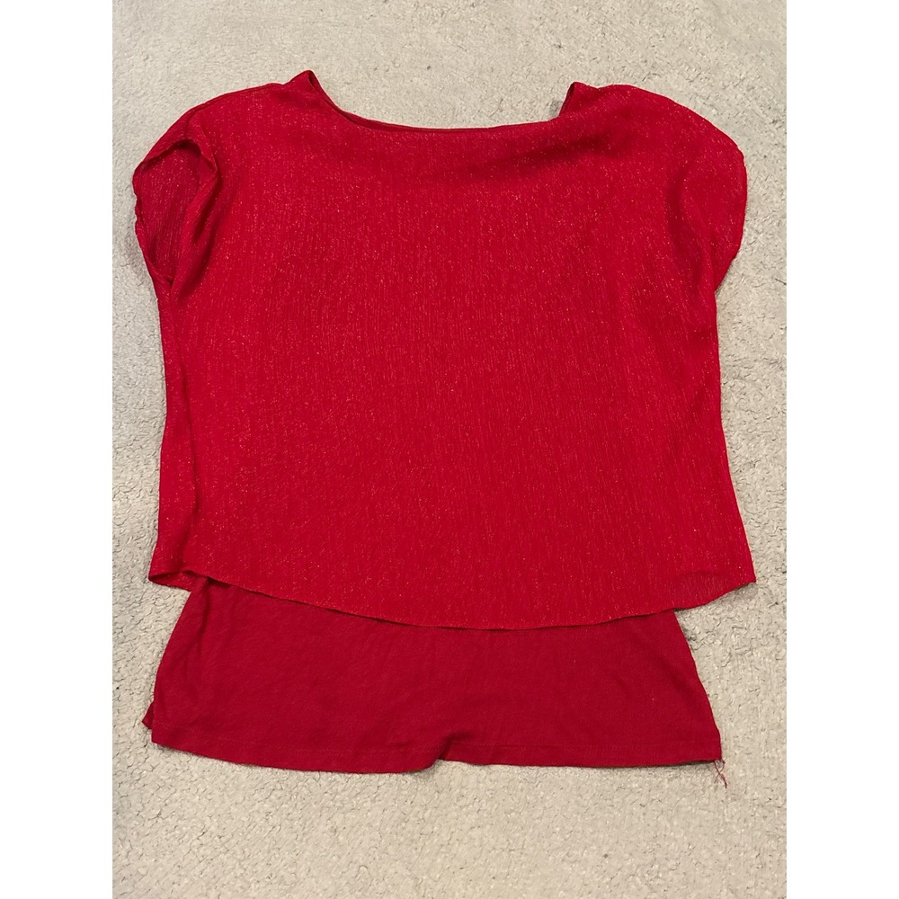 Express Red Metallic Shimmer Layered Short Sleeve Top Womens XS Boat Neck